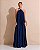 VESTIDO LONGO CREPE DE SEDA FRENTE ÚNICA GOLA C/ ARGOLA METÁLICA COMPRIMENTO PLISSADO AZUL MARINHO - Imagem 1