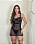Camisola Angela em Renda e Tule Poá com Cinta-Liga e Strappy no Busto PRETO - Imagem 1