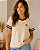 Camiseta Feminina Off White com Detalhes Marrom e Bordado Corações 100% Algodão - Imagem 1