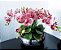 Arranjo com 4 orquídeas rosas de slicone + folhagens e vaso de vidro cromado prata - Imagem 1