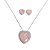 Conjunto em banho de ródio branco colar e brincos coração cravejado de zircônias com pedra fusion rosa - Imagem 1