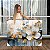 Quadro Decorativo Canvas Flor Branca Folhas Azuis e Douradas Horizontal - Imagem 1
