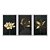 Kit 3 Quadros Decorativos Flores Douradas Fundo Preto Morderno - Imagem 1