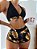 Conjunto biquíni modelo top com detalhe barrado estampado e shorts estampado - Imagem 3