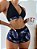 Conjunto biquíni modelo top com detalhe barrado estampado e shorts estampado - Imagem 1