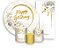 Painel De Festa + Trio De Capas Cilindro + Faixa Veste Fácil - Dourado com Flores Brancas Happy Birthday 002 - Imagem 1