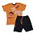 Conjunto masculino camisa estampa dinossauros na cor laranja e bermuda preta interativa - Imagem 1