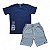 Conjunto masculino camisa azul marinho e bermuda cinza com detalhes - Imagem 1