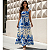 Vestido Longo Feminino Estampado Elegante Decote Quadrado Azul Branco - Imagem 1