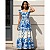 Vestido Longo Feminino Estampado Elegante Decote Quadrado Azul Branco - Imagem 5