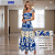 Vestido Longo Feminino Estampado Elegante Decote Quadrado Azul Branco - Imagem 4