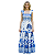 Vestido Longo Feminino Estampado Elegante Decote Quadrado Azul Branco - Imagem 1