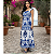 Vestido Longo Feminino Estampado Elegante Decote Quadrado Azul Branco - Imagem 5