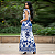 Vestido Longo Feminino Estampado Elegante Decote Quadrado Azul Branco - Imagem 6