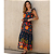Vestido Longo Feminino Estampado Elegante Decote Quadrado Azul Laranja - Imagem 6