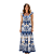 Vestido Longo Feminino Estampado Elegante Decote Quadrado Branco Azul - Imagem 1