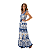 Vestido Longo Feminino Estampado Elegante Decote Quadrado Branco Azul - Imagem 4