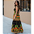 Vestido Longo Feminino Estampado Elegante Decote Quadrado Preto/Laranja - Imagem 7