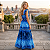 Vestido Longo Feminino Estampado Elegante Decote Quadrado Azul Estampado - Imagem 7