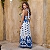 Vestido Moda Feminina Longo Floral Alça E Recorte Na Cintura Azul/Branco - Imagem 7