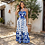 Vestido Moda Feminina Longo Floral Alça E Recorte Na Cintura Azul/Branco - Imagem 5
