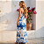 Vestido Moda Feminina Longo Floral Alça E Recorte Na Cintura Branco/Azul - Imagem 7
