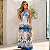 Vestido Moda Feminina Longo Floral Alça E Recorte Na Cintura Branco/Azul - Imagem 6
