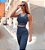 Conjunto Athleisure Lux Brands Inspired Jacquard Texturizado Legging Cós Super Alto Estampa Xadrez Azul Marinho Mesclado - Imagem 1