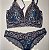 Lingerie conjunto de sutiã e calcinha renda azul marinho com detalhe em rosa com bojo sem aro - Imagem 1