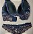 Lingerie conjunto de sutiã e calcinha renda azul marinho com detalhe em rosa com bojo sem aro - Imagem 4