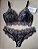 Lingerie conjunto de sutiã e calcinha renda preta com detalhes em bege com bojo sem aro - Imagem 1
