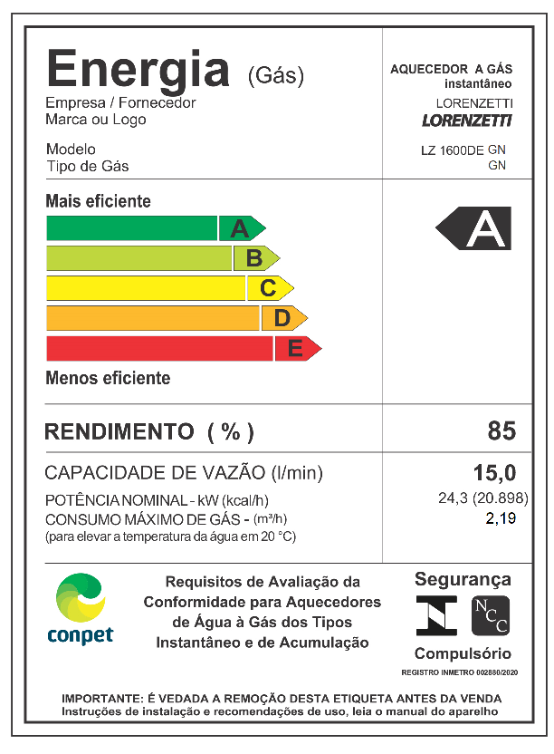 Aquecedor De Água A Gás Lorenzetti Lz 1600 DE B 15 Litros Gn - Imagem 5