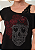 Tshirt Feminina Preta Gola Canoa Caveira Rosas Pedraria - Imagem 3