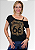 Tshirt Feminina Preta Gola Canoa Route 66 Dourada Pedraria - Imagem 6