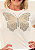 Tshirt Feminina Baby Look Off White Borboleta Preta e Dourada Crystal Pedraria - Imagem 3