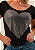 Tshirt Feminina Preta Gola Canoa Coração Crystal Prata Pedraria - Imagem 3