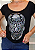 Tshirt Feminina Preta Gola Canoa Caveira Mexicana Crystal Prata Pedraria TRC - Imagem 2