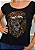 Tshirt Feminina Preta Gola Canoa Leão Colors Crystal Pedraria TRC - Imagem 2