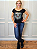 Tshirt Feminina Preta Gola Canoa Gata Crystal Pedraria - Imagem 1