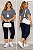 Conjunto de blusa manga curta listras azul marinho e calça pescador Plus Size - Imagem 1