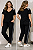 Conjunto Blusa manga curta e calça preto com detalhe na lateral das mangas e da calca prateado com bolsos frontais Plus Size - Imagem 1