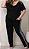 Conjunto Blusa manga curta e calça preto com detalhe na lateral das mangas e da calca prateado com bolsos frontais Plus Size - Imagem 1