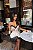 Vestido curto off white com casaco risca de giz e renda - Imagem 1