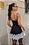 Vestido curto preto com casaco risca de giz e renda - Imagem 4