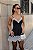 Vestido curto preto com casaco risca de giz e renda - Imagem 1