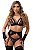 Conjunto Lingerie De Renda Malícia Com Cinta-liga Luva Meia - Preto - Imagem 1