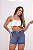 Short Jeans Feminino Cintura Alta Com Lavagem Marmorizada E Barrinha Costurada - Sem Elastano 100% Algodão - Imagem 1