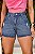 Short Jeans Feminino Cintura Alta Com Lavagem Marmorizada E Barrinha Costurada - Sem Elastano 100% Algodão - Imagem 1