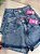 Short Jeans Feminino Marmorizado Cintura Alta Com Barra E Botão Dourado- Sem Elastano - Imagem 1
