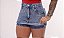 Short Saia Jeans Feminino Cintura Alta Com Strass Lavagem Marmorizada - Imagem 2